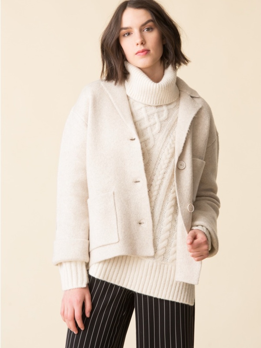 ATM Anthony Thomas Melillo Cream Cable-Knit Turtleneck Sweater